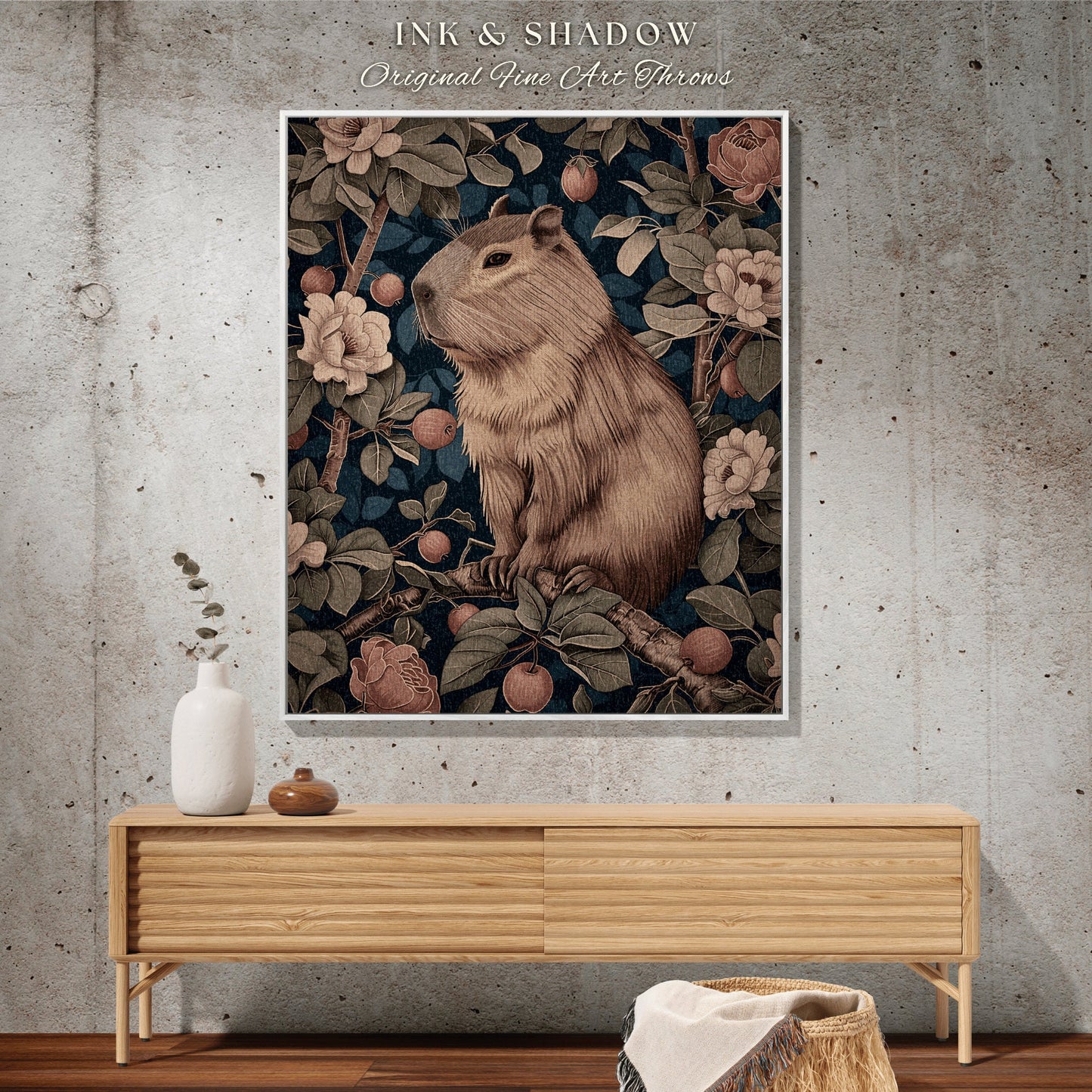 Wildflower Capybara Woven Blanket | Pastel Aesthetic Whimsical Tapestry Woven Mystical Book Nook Gift for Reader Woodland Capybara Throw