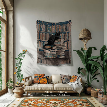 Witchy Cat Library Blanket | Boho Book Lover Bedroom Decor Dark Woodland Crowcore Aesthetic Tapestry Mystical Bookish Gift for Reader |