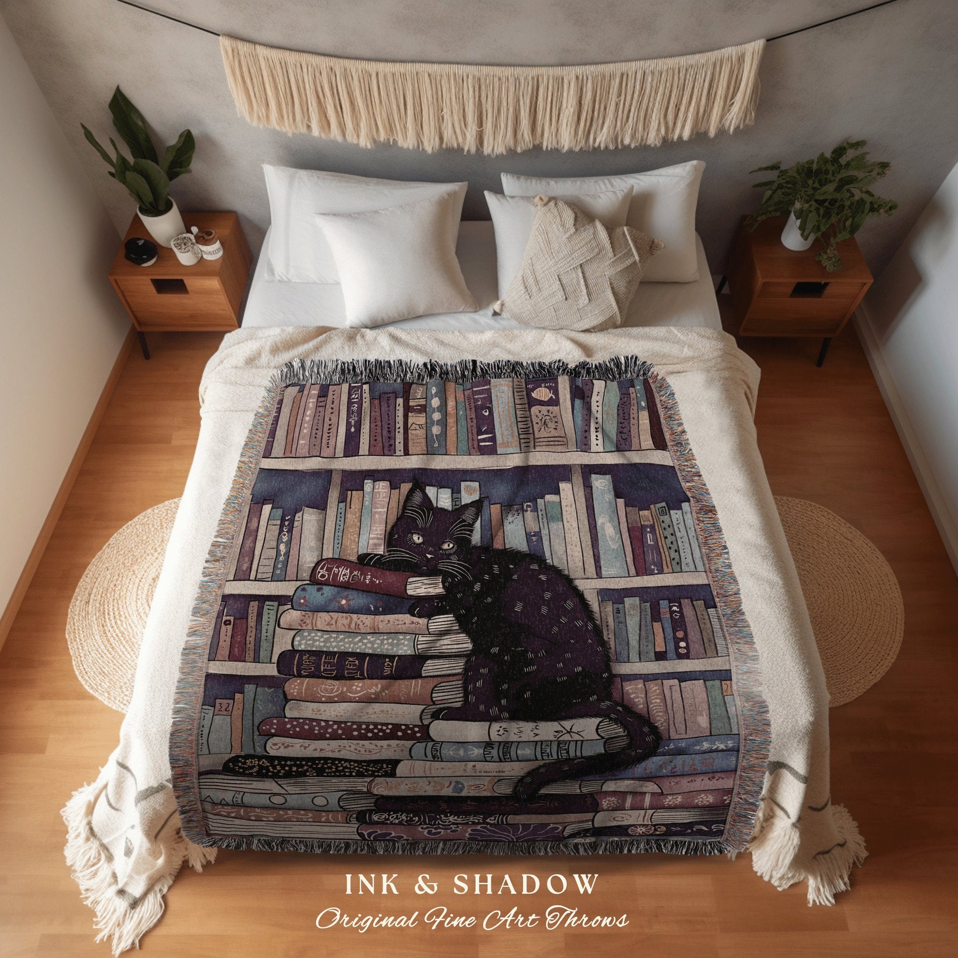 Cat Library Woven Throw Blanket | Boho Book Lover Bedroom Dark Woodland Crowcore Aesthetic Tapestry Mystical Book Nook Gift for Reader |