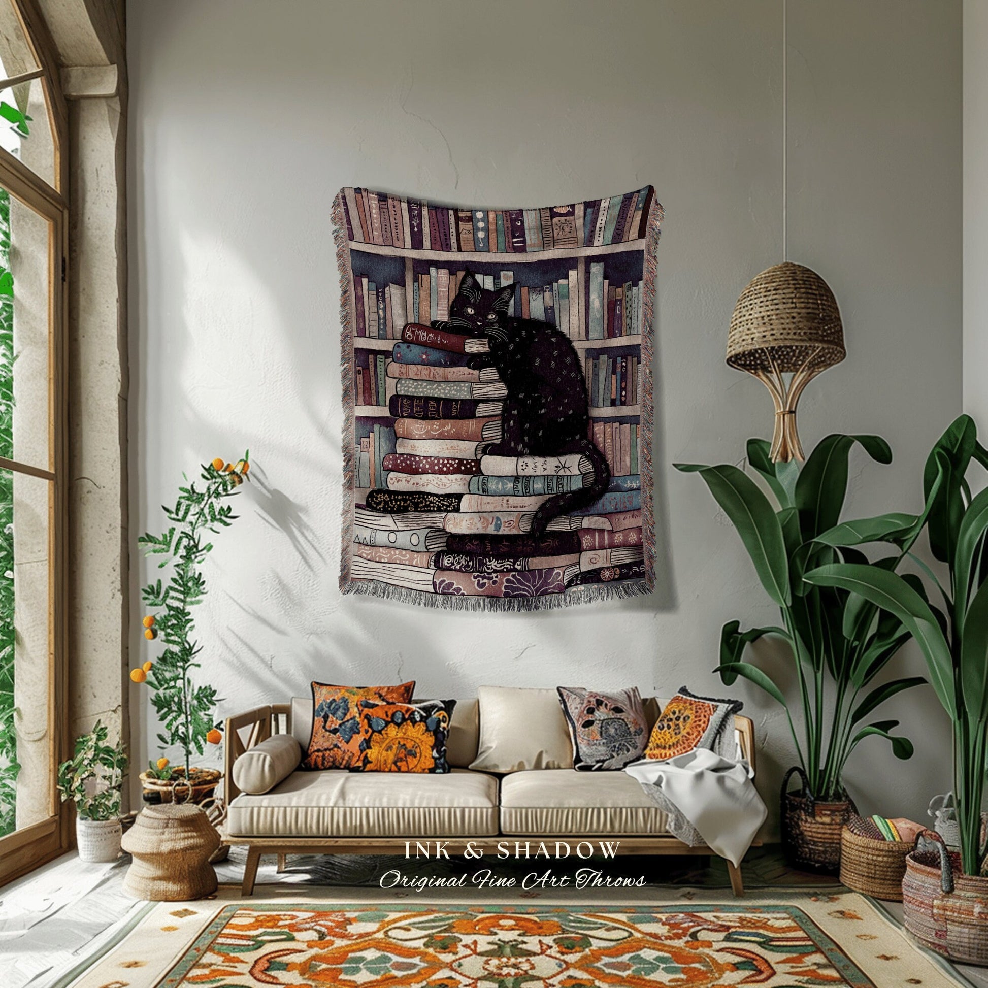 Cat Library Woven Throw Blanket | Boho Book Lover Bedroom Dark Woodland Crowcore Aesthetic Tapestry Mystical Book Nook Gift for Reader |