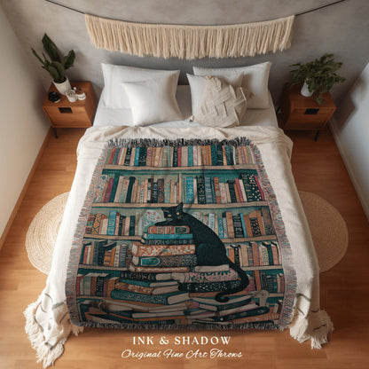 Boho Throw Blanket Black Cat Art | Boho Bookish Bedroom Decor Dark Woodland Crowcore Aesthetic Tapestry Mystical Book Nook Reading Corner |