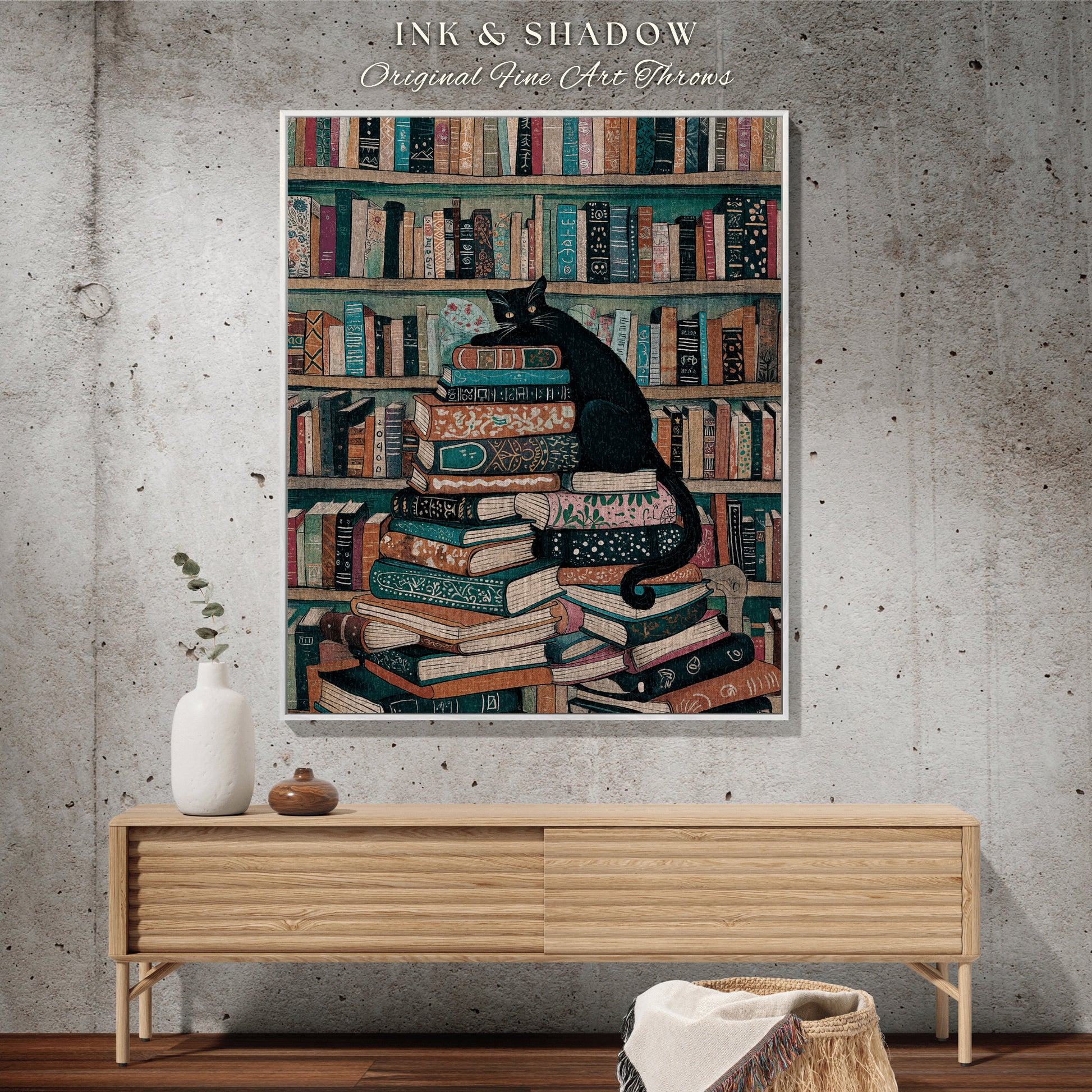 Boho Throw Blanket Black Cat Art | Boho Bookish Bedroom Decor Dark Woodland Crowcore Aesthetic Tapestry Mystical Book Nook Reading Corner |