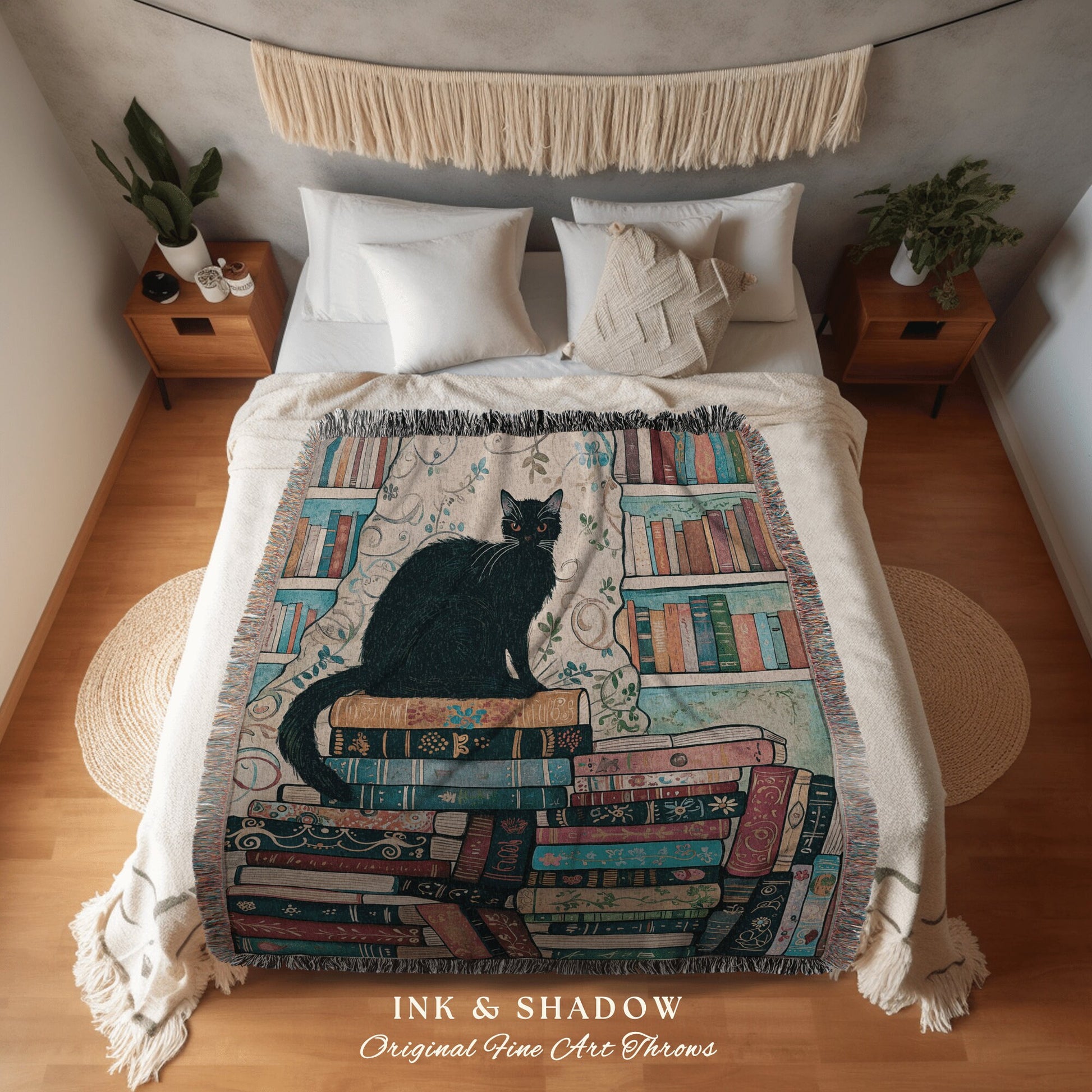 Black Cat Woven Throw Blanket | Boho Bookish Bedroom Decor Dark Woodland Crowcore Aesthetic Tapestry Mystical Book Nook Gift for Readers |