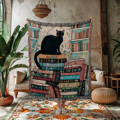 Black Cat Woven Throw Blanket | Boho Bookish Bedroom Decor Dark Woodland Crowcore Aesthetic Tapestry Mystical Book Nook Gift for Readers |