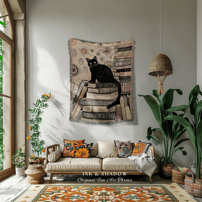 Cozy Sofa Throw Blanket Black Cat | Boho Bookish Bedroom Decor Dark Woodland Crowcore Aesthetic Tapestry Mystical Book Nook Reading Corner