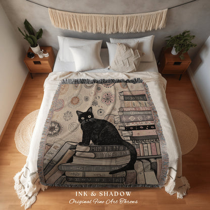 Cozy Sofa Throw Blanket Black Cat | Boho Bookish Bedroom Decor Dark Woodland Crowcore Aesthetic Tapestry Mystical Book Nook Reading Corner