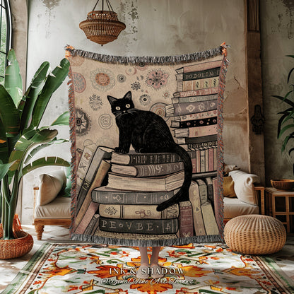 Cozy Sofa Throw Blanket Black Cat | Boho Bookish Bedroom Decor Dark Woodland Crowcore Aesthetic Tapestry Mystical Book Nook Reading Corner