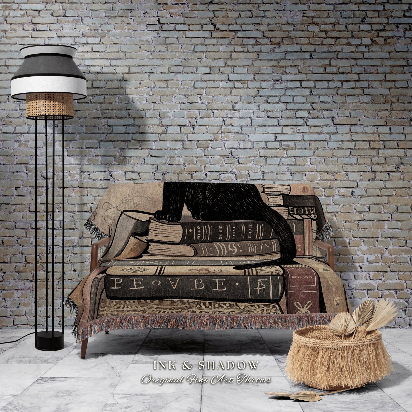 Cozy Sofa Throw Blanket Black Cat | Boho Bookish Bedroom Decor Dark Woodland Crowcore Aesthetic Tapestry Mystical Book Nook Reading Corner