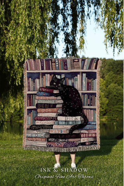 Cat Library Woven Throw Blanket | Boho Book Lover Bedroom Dark Woodland Crowcore Aesthetic Tapestry Mystical Book Nook Gift for Reader |