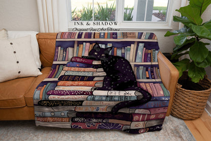 Cat Library Woven Throw Blanket | Boho Book Lover Bedroom Dark Woodland Crowcore Aesthetic Tapestry Mystical Book Nook Gift for Reader |