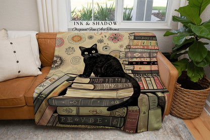 Cozy Sofa Throw Blanket Black Cat | Boho Bookish Bedroom Decor Dark Woodland Crowcore Aesthetic Tapestry Mystical Book Nook Reading Corner