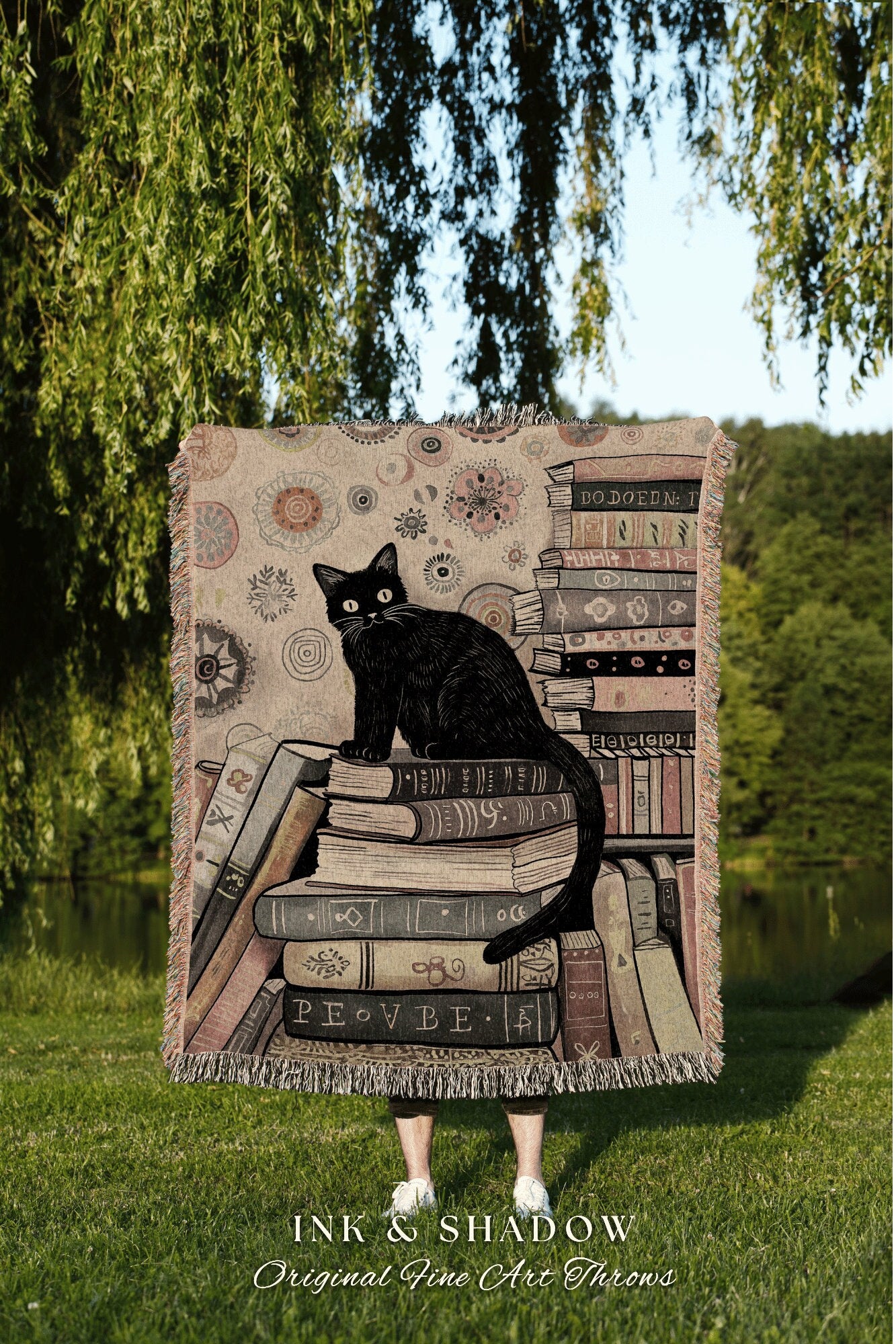 Cozy Sofa Throw Blanket Black Cat | Boho Bookish Bedroom Decor Dark Woodland Crowcore Aesthetic Tapestry Mystical Book Nook Reading Corner