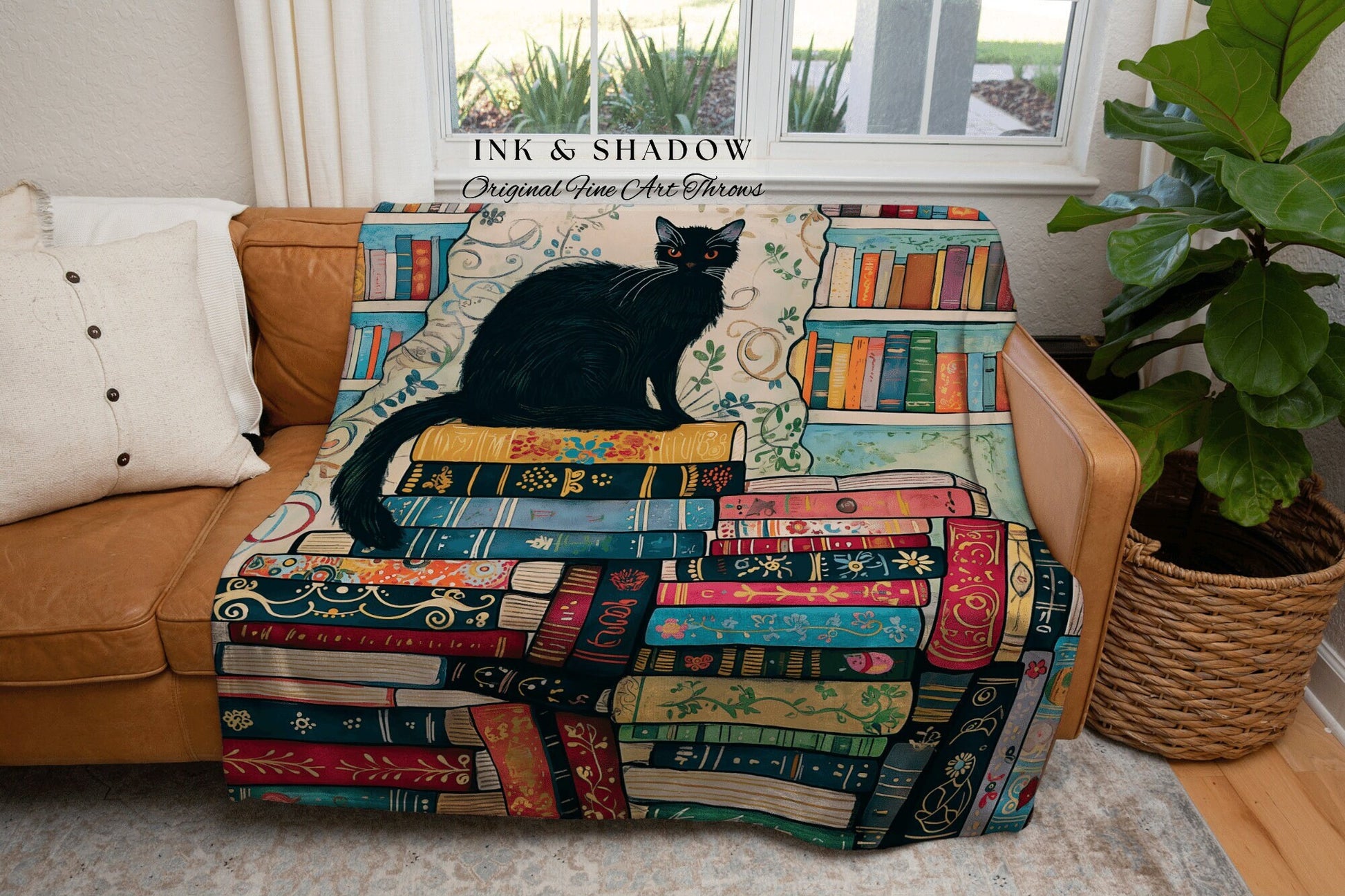 Black Cat Woven Throw Blanket | Boho Bookish Bedroom Decor Dark Woodland Crowcore Aesthetic Tapestry Mystical Book Nook Gift for Readers |