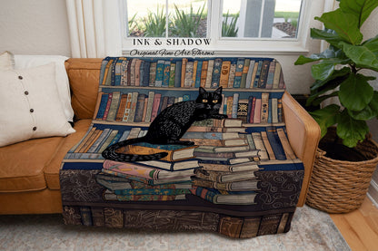 Witchy Cat Library Blanket | Boho Book Lover Bedroom Decor Dark Woodland Crowcore Aesthetic Tapestry Mystical Bookish Gift for Reader |