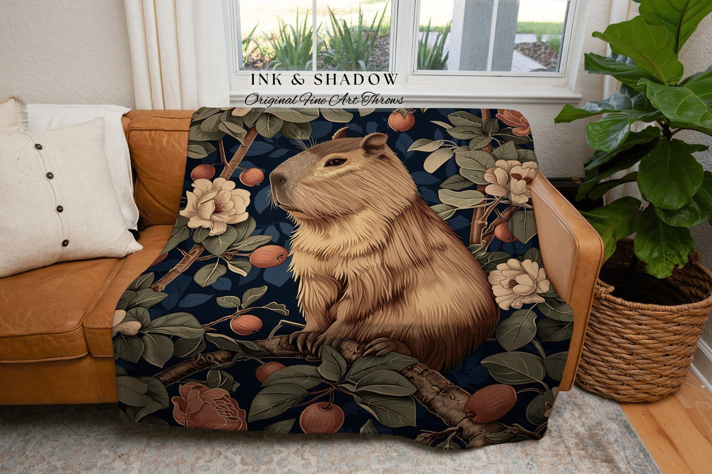 Wildflower Capybara Woven Blanket | Pastel Aesthetic Whimsical Tapestry Woven Mystical Book Nook Gift for Reader Woodland Capybara Throw