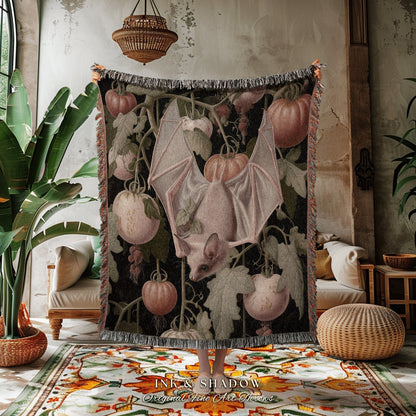 Ethereal Botanical Bat Blanket Woven | Celestial Tapestry Woven Blanket Victorian Gothic Bedroom Decor Dark Woodland Botanical Gothic Room |