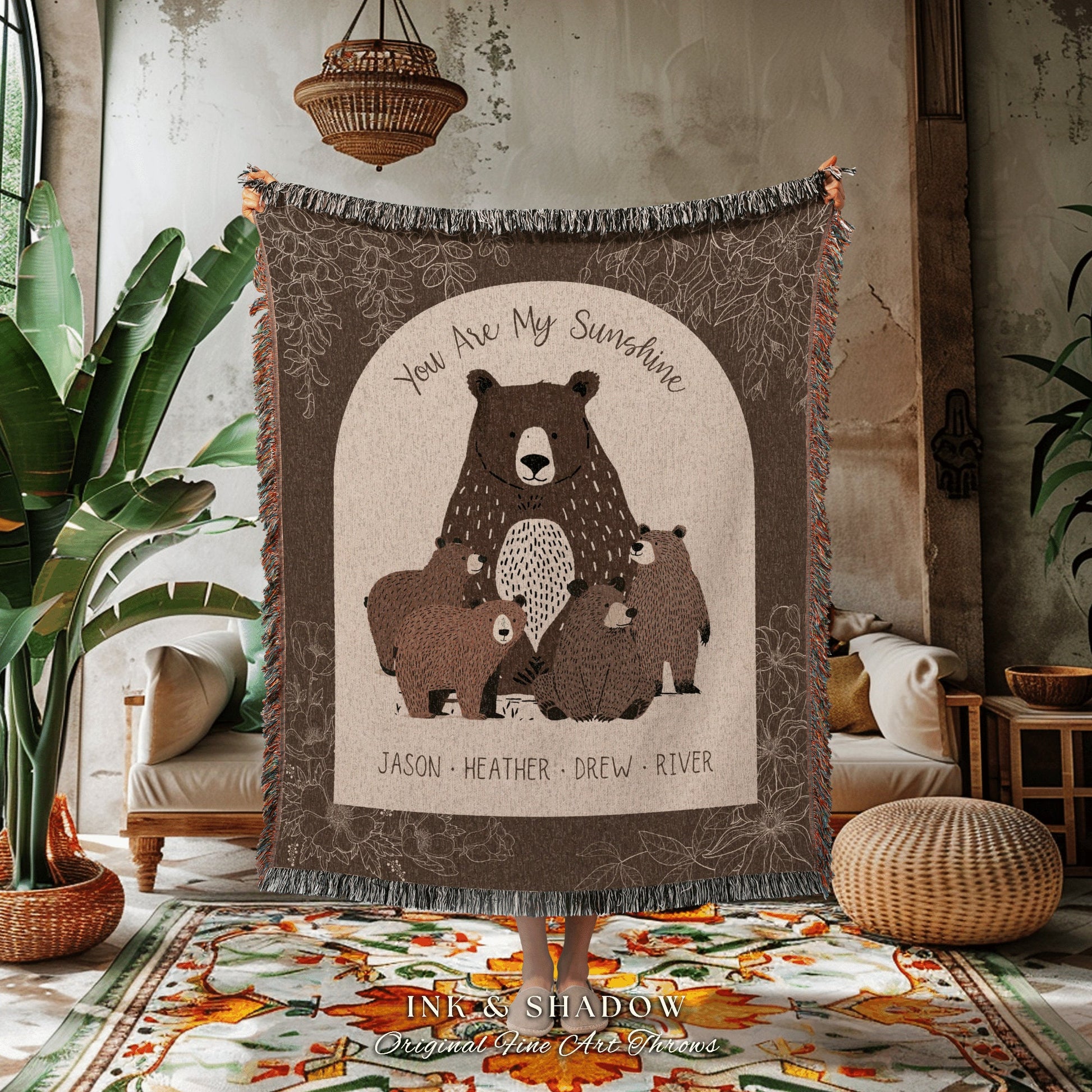 You are my Sunshine Custom Mom Blanket | Personalized Gift from Kids Custom Mama Bear Cubs Cottagecore Grandchildren Names Tapestry Woven |