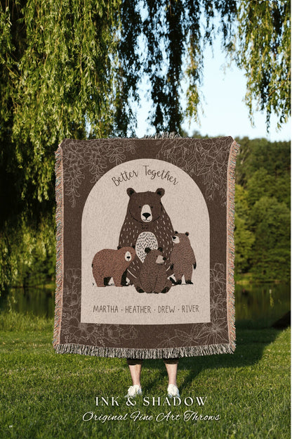 Cub Family Sentimental Blanket | Personalized Mom Gift from Kids Custom Mama Bear Cubs Cottagecore Grandchildren Names Tapestry Woven Throw