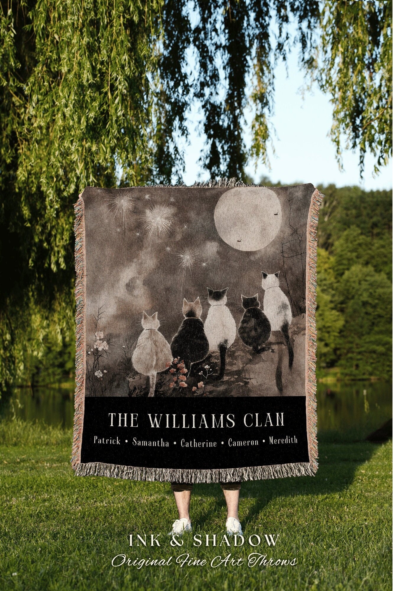Cat Family Name Tapestry Woven | Cozy Throw Custom Family Name Sentimental Blanket Gift from Kids Cottagecore Woven Tapestry Cat Lover Gift