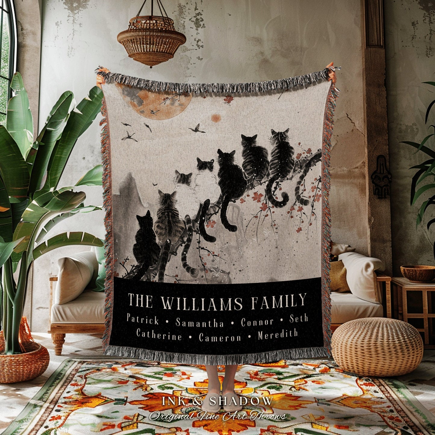 Personalized Cat Family Blanket | Cozy Throw Custom Family Name Sentimental Blanket Gift from Kids Cottagecore Woven Tapestry Cat Lover Gift