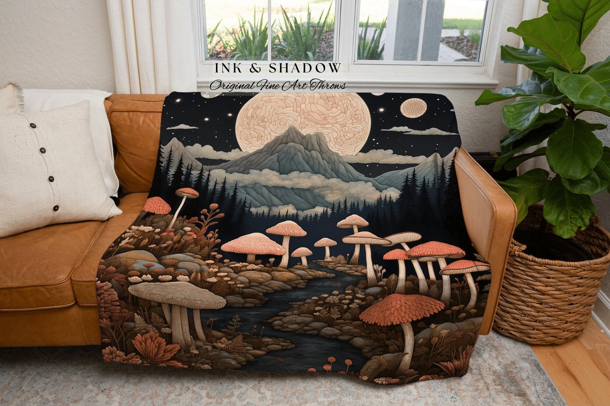 Ethereal Mushroom Landscape Blanket | Woven Throw Gift for Mushroom Lover Whimsical Boho Style Reading Nook Aesthetic Magical Decor |