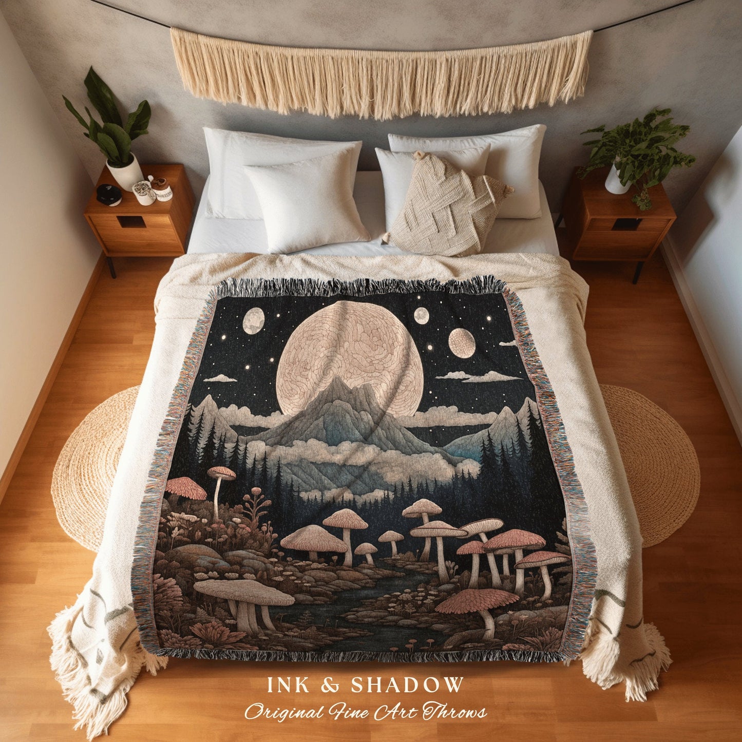 Ethereal Mushroom Landscape Blanket | Woven Throw Gift for Mushroom Lover Whimsical Boho Style Reading Nook Aesthetic Magical Decor |