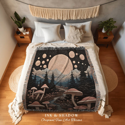 Magical Landscape Cozy Throw Blanket | Woven Throw Cozy Gift for Mushroom Lover Whimsical Style Cottagecore Aesthetic Crowcore Tapestry |