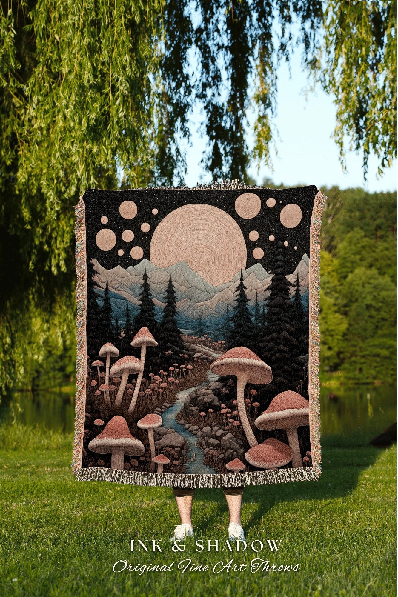 Magical Landscape Cozy Throw Blanket | Woven Throw Cozy Gift for Mushroom Lover Whimsical Style Cottagecore Aesthetic Crowcore Tapestry |