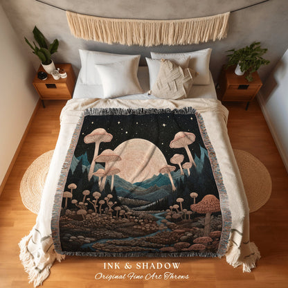 Moonlit Mushroom Forest Blanket | Woven Throw Cozy Gift for Mushroom Lover Whimsical Style Reading Nook Aesthetic Crowcore Magical Decor |