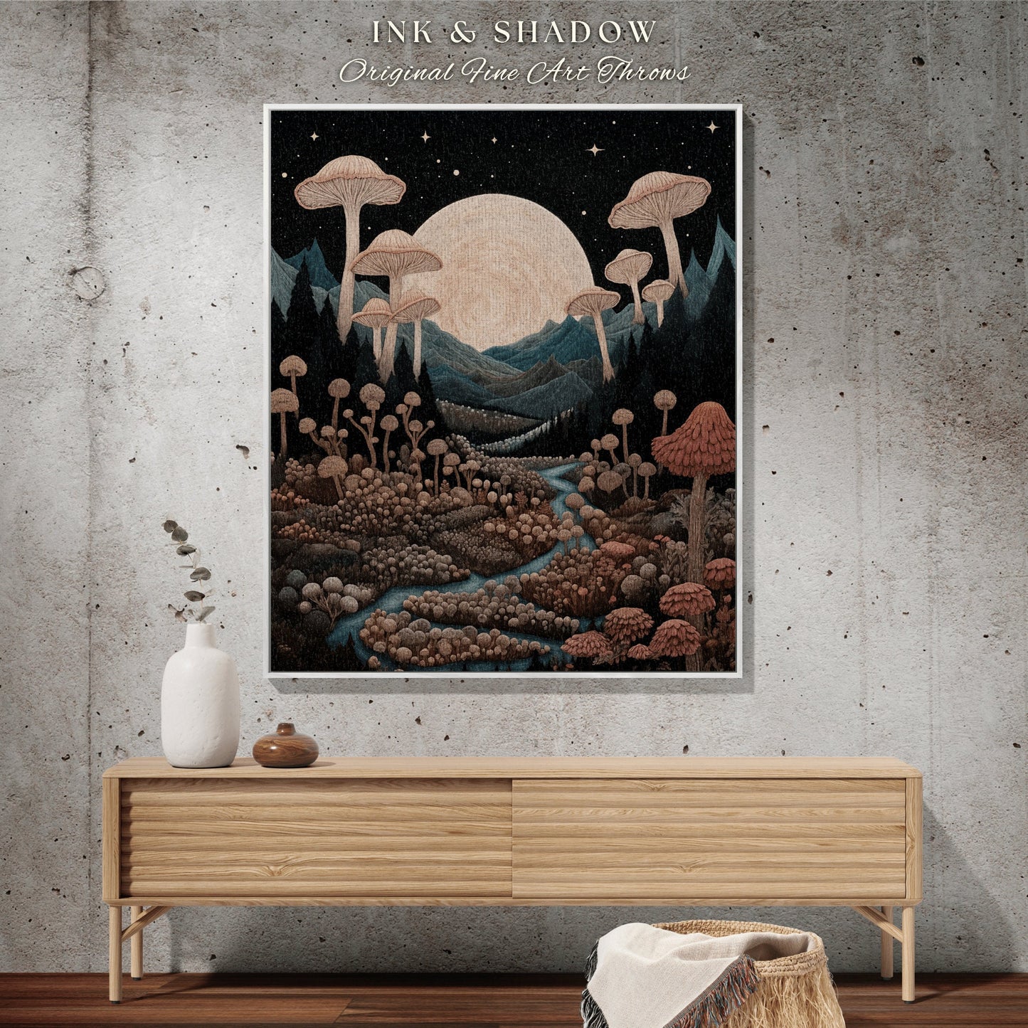 Moonlit Mushroom Forest Blanket | Woven Throw Cozy Gift for Mushroom Lover Whimsical Style Reading Nook Aesthetic Crowcore Magical Decor |