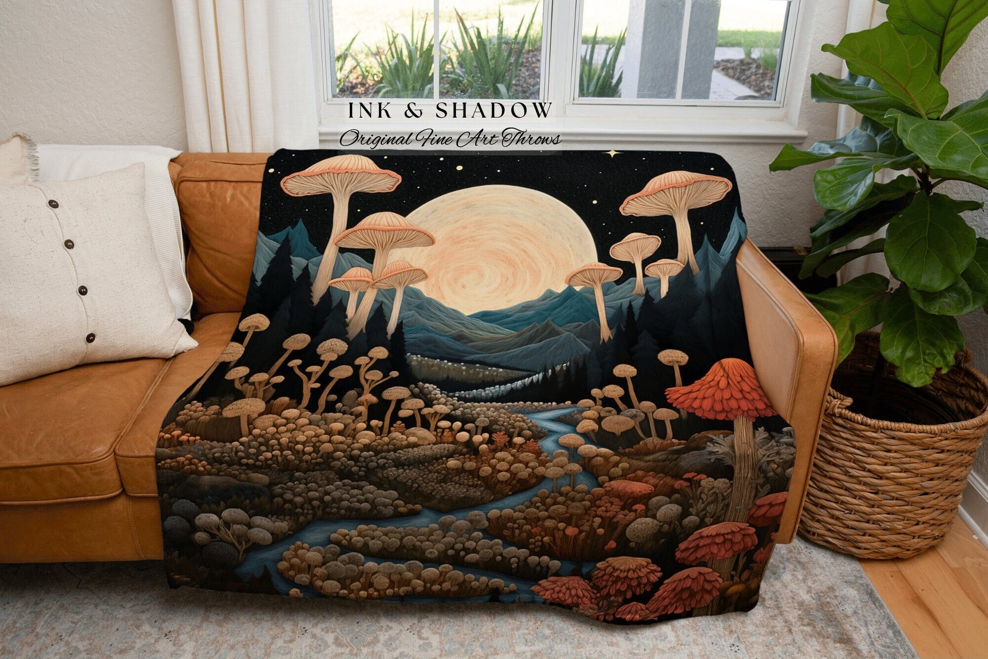 Moonlit Mushroom Forest Blanket | Woven Throw Cozy Gift for Mushroom Lover Whimsical Style Reading Nook Aesthetic Crowcore Magical Decor |