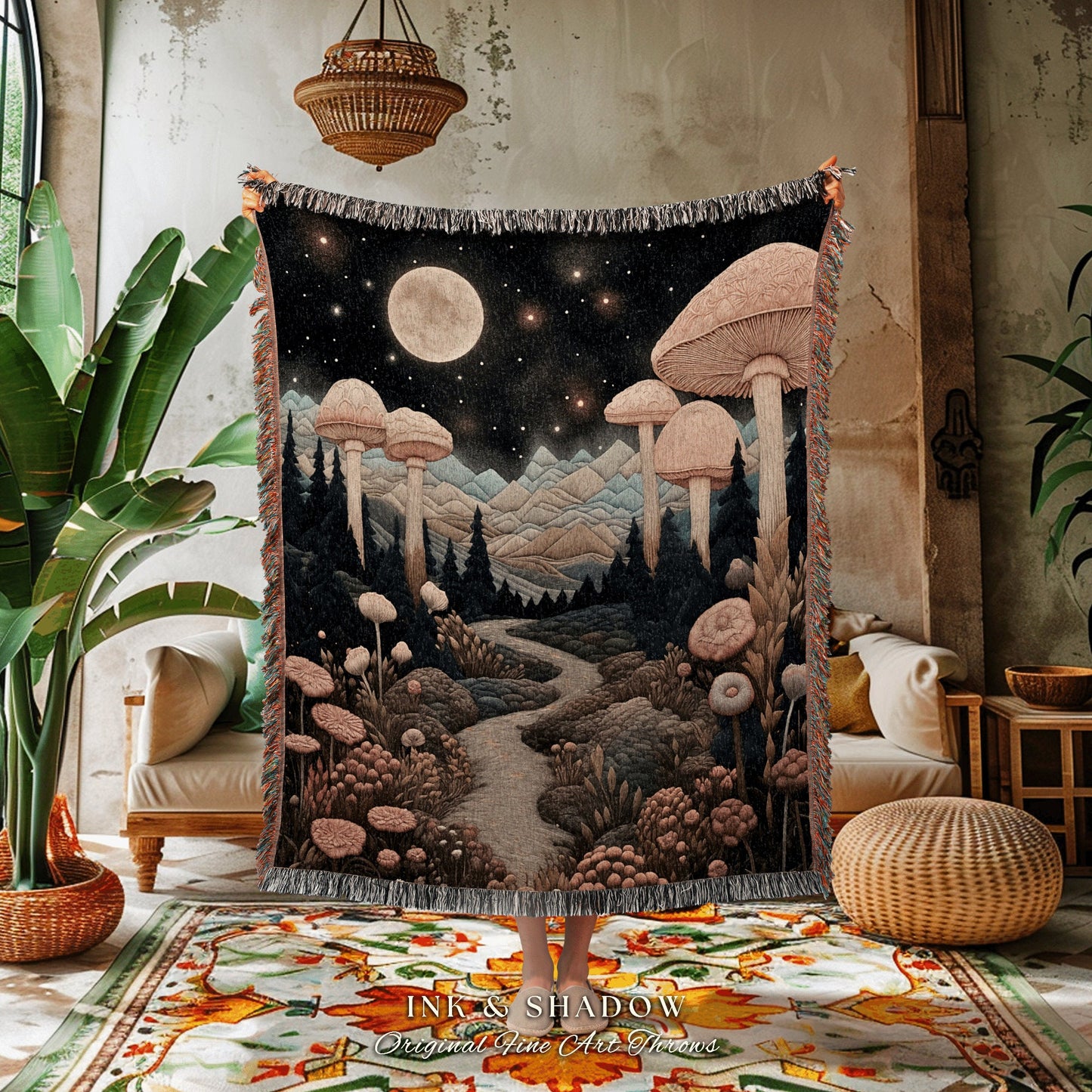 Fairytale Landscape Mystical Blanket | Woven Throw Gift for Mushroom Lover Whimsical Whimsical Style Reading Nook Aesthetic Magical Decor |