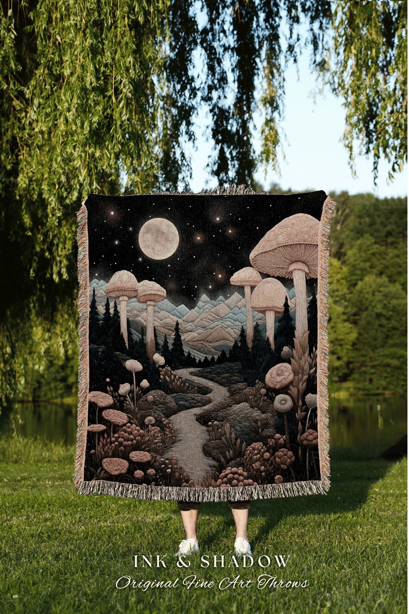 Fairytale Landscape Mystical Blanket | Woven Throw Gift for Mushroom Lover Whimsical Whimsical Style Reading Nook Aesthetic Magical Decor |