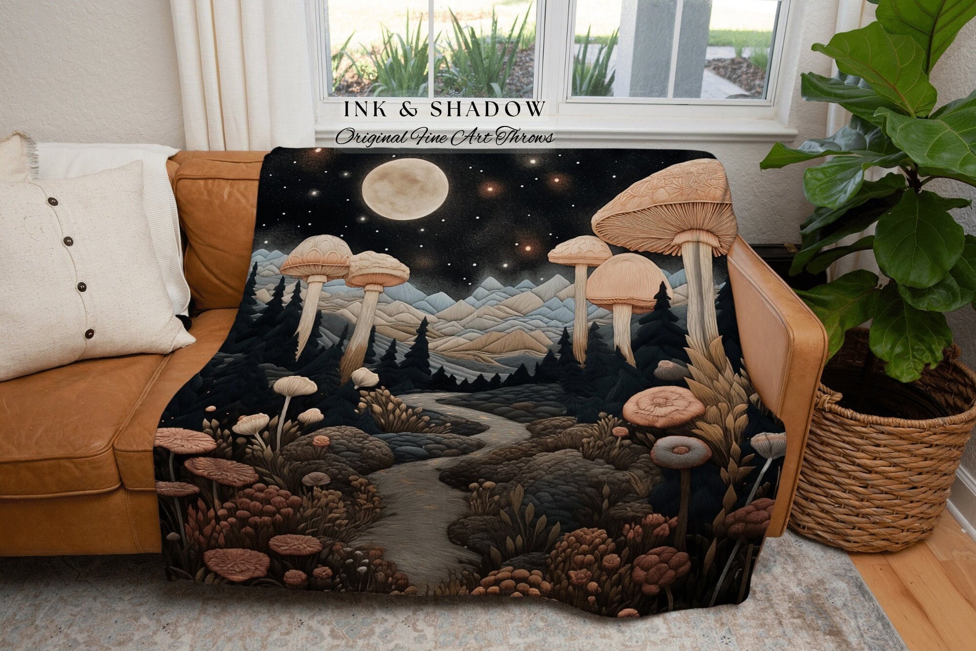 Fairytale Landscape Mystical Blanket | Woven Throw Gift for Mushroom Lover Whimsical Whimsical Style Reading Nook Aesthetic Magical Decor |