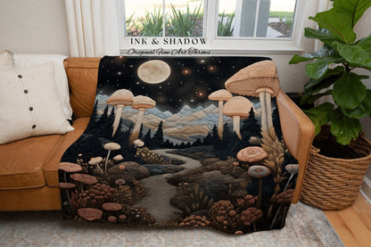 Fairytale Landscape Mystical Blanket | Woven Throw Gift for Mushroom Lover Whimsical Whimsical Style Reading Nook Aesthetic Magical Decor |