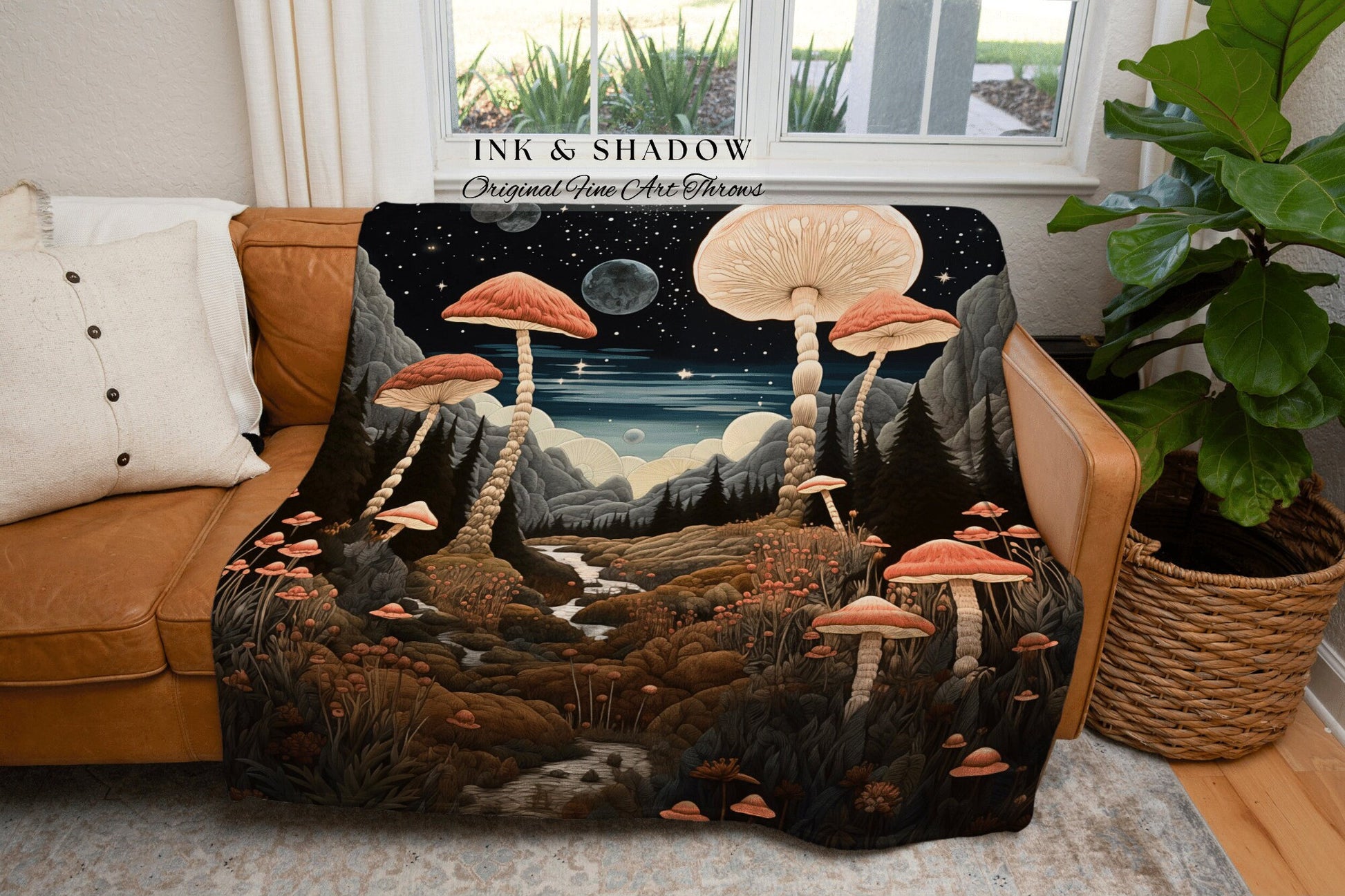 Retro Mushroom Cozy Throw | Cozy Gift for Mushroom Lover Whimsical Style Cottagecore Aesthetic Crowcore Wall Hanging Tapestry Boho Mystical