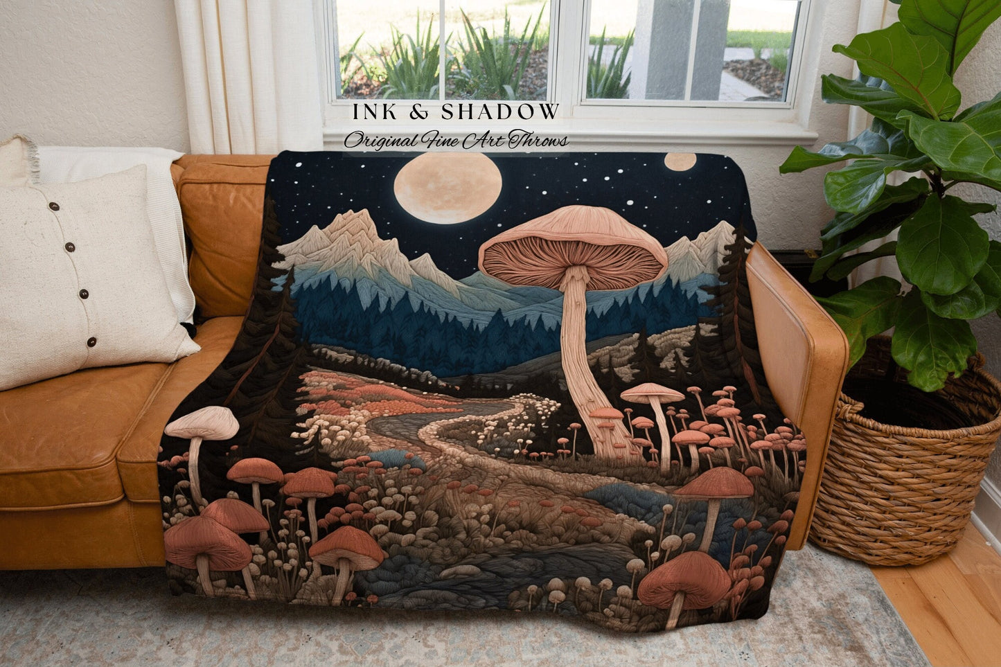 Dreamy Woodland Woven Blanket | Cozy Gift for Mushroom Lover Whimsical Style Cottagecore Aesthetic Crowcore Wall Hanging Tapestry Fairycore