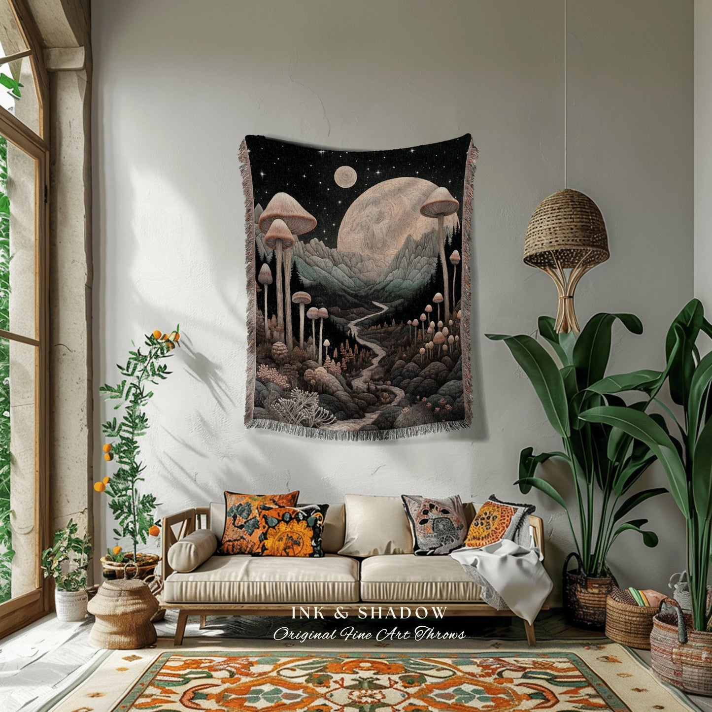 Cosmic Landscape Mushroom Blanket | Cottagecore Aesthetic Crowcore Wall Hanging Tapestry Boho Cozy Gift for Mushroom Lover Whimsical Decor