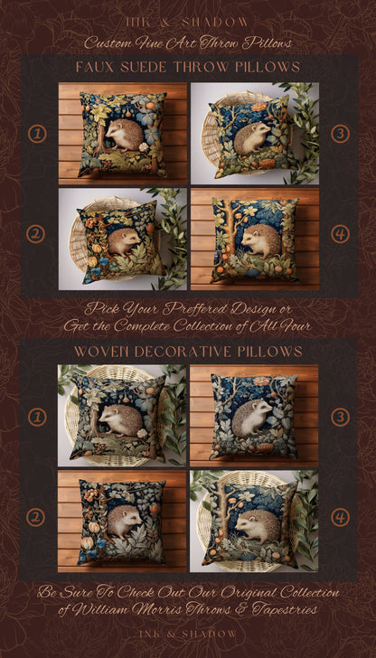 Morris Hedge Hog Accent Pillow | Whimsy Aesthetic Rustic Woodland Boho Cottagecore Home Decor Crowcore Bedroom Hedgehog Pillow Botanical