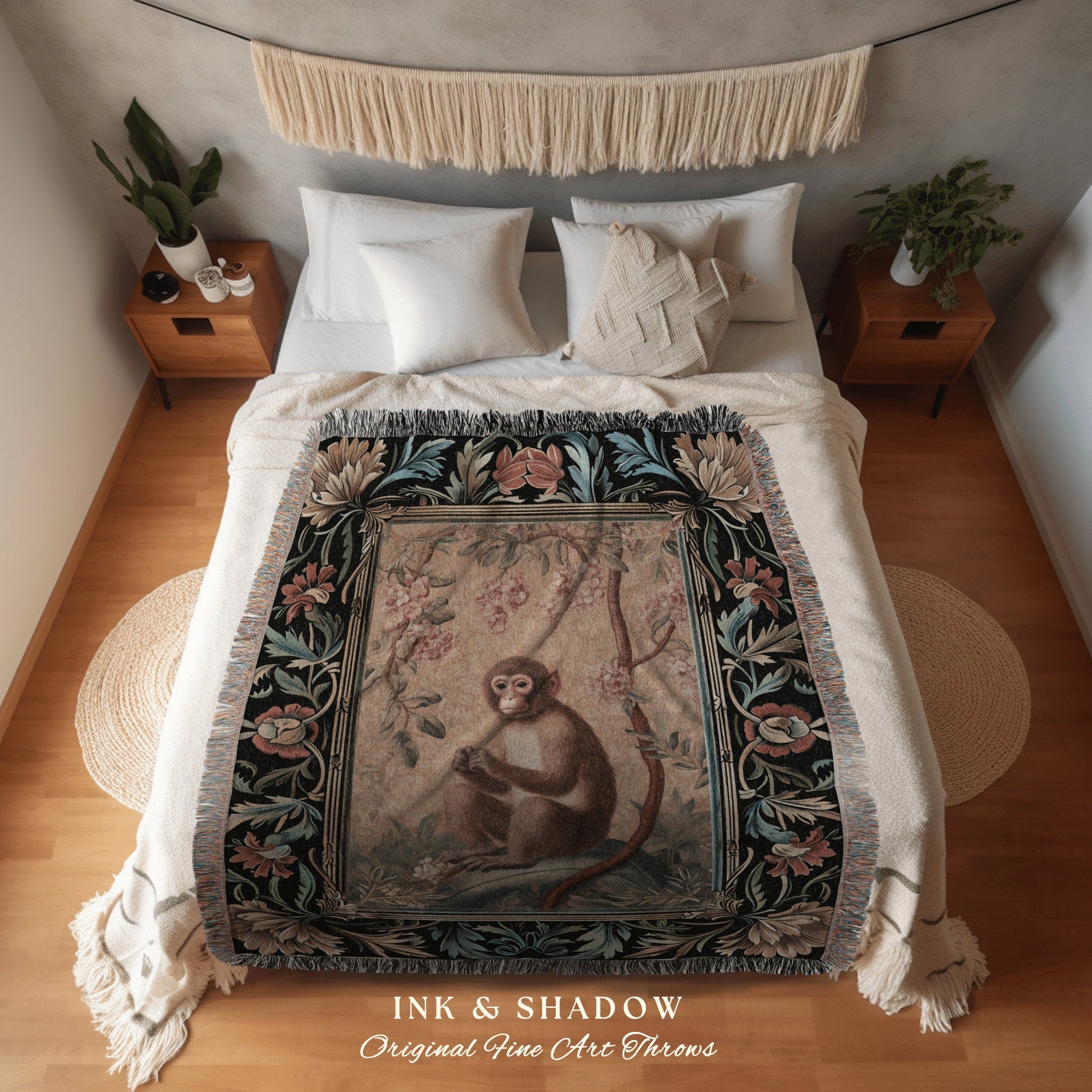 Victorian Gothic Woven Throw Blanket | Woodland Tapestry Decor William Morris Monkey Vintage Cottagecore Aesthetic Dark Fairycore Woven Art