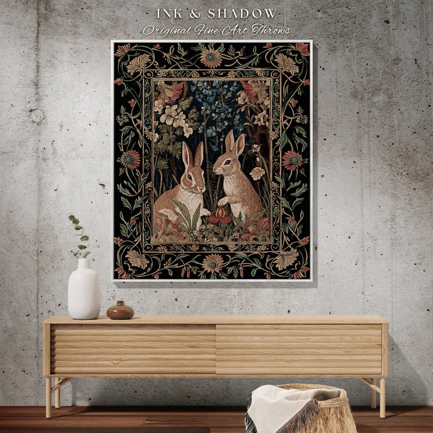 Bunnies in the Woodland Picnic Blanket | Spring Bunnies Woven Tapestry Inspired Forest Aesthetic Fairycore Bedroom Floral Bunny Victorian