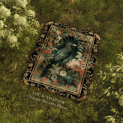 Dark Floral Raven Throw Blanket | Ethereal Gothic Room Decor Woven Tapestry Cottagecore Aesthetic Dark Fairycore Bedroom Crow Core Art |