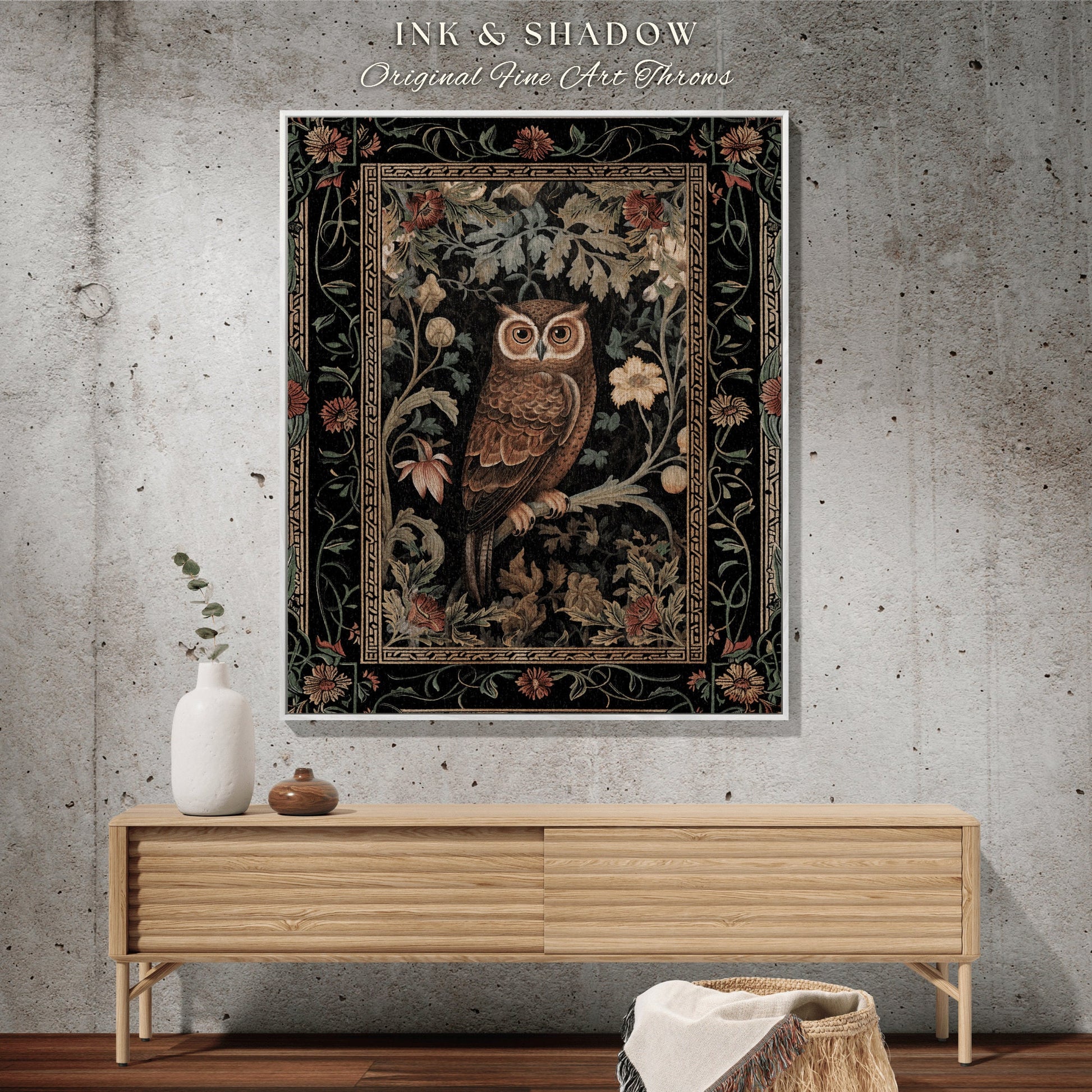 Whimsical Book Nook Owl Blanket | Woodland Room Decor Morris Inspired Forest Aesthetic Fairycore Boho Woven Tapestry Floral Owl Decoration