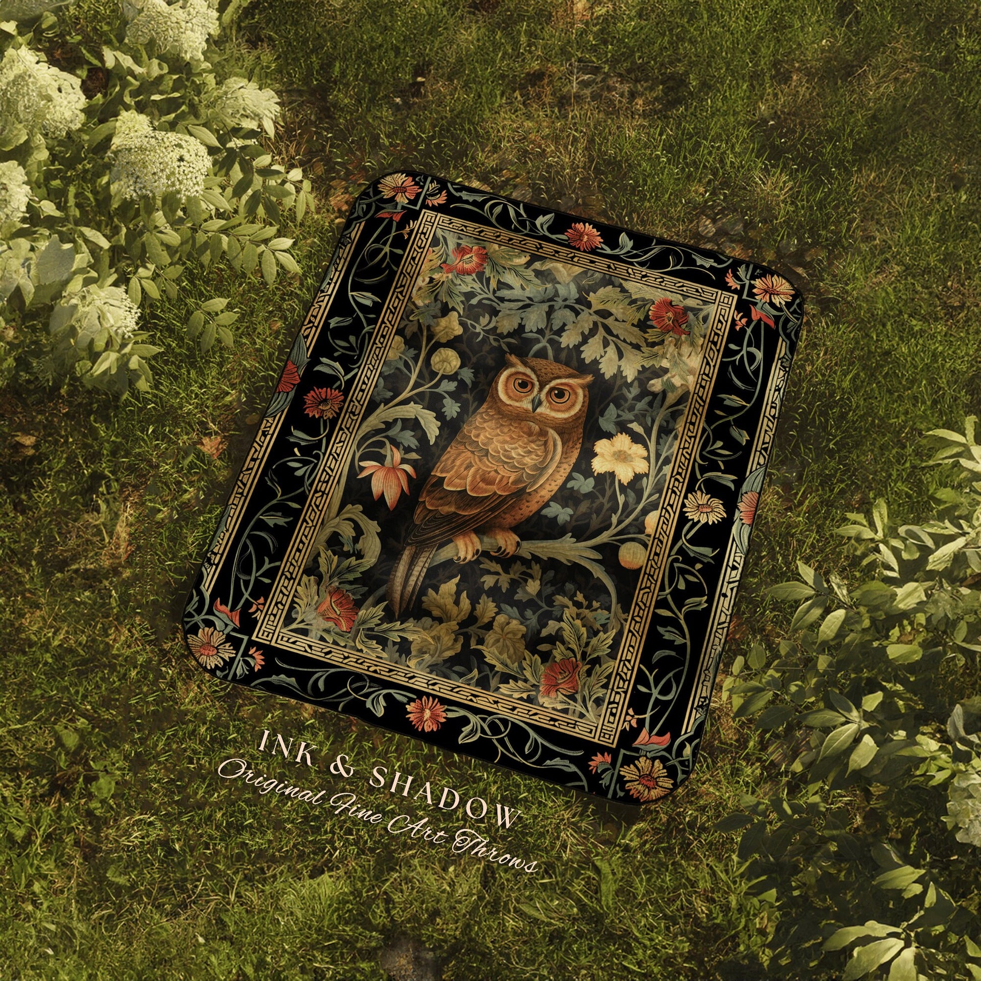 Whimsical Book Nook Owl Blanket | Woodland Room Decor Morris Inspired Forest Aesthetic Fairycore Boho Woven Tapestry Floral Owl Decoration