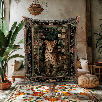 Jungle Aesthetic Throw Blanket | Nature Inspired Tapestry Morris Style Aesthetic Fairycore Boho Bedroom Ethereal Leopard Blanket Dark Floral