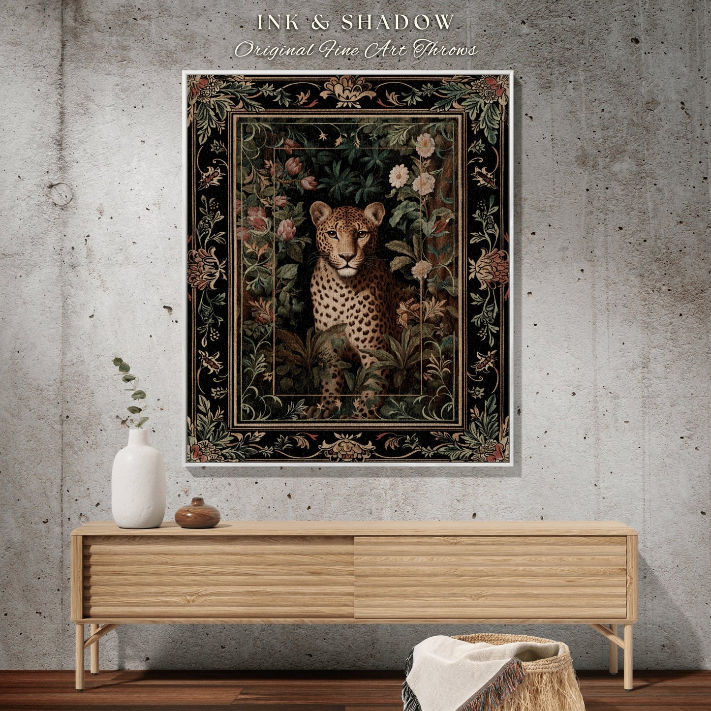 Jungle Aesthetic Throw Blanket | Nature Inspired Tapestry Morris Style Aesthetic Fairycore Boho Bedroom Ethereal Leopard Blanket Dark Floral