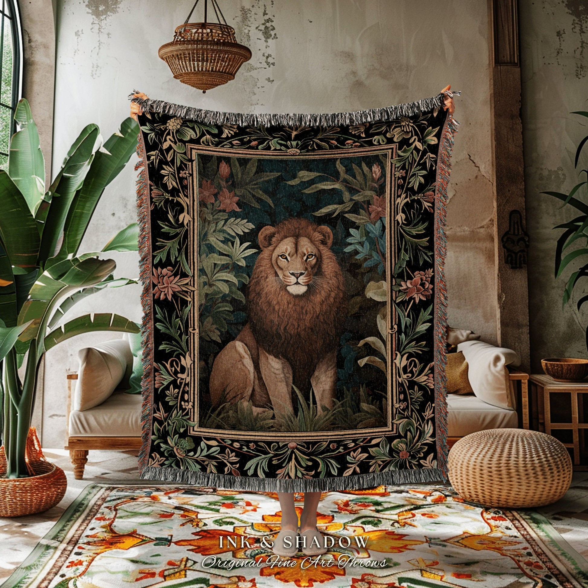 Dark Botanical Lion Woven Blanket Nature Inspired Room Decor Morris Style Tapestry Fairycore Boho Bedroom Jungle King Retro Forestcore Throw