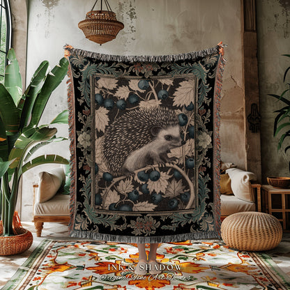 Victorian Gothic Picnic Blanket | Dark Woodland Autumn Throw Blanket Cozy Cottagecore Book Nook Throw Dark Fairycore Room Hedgehog Lover |
