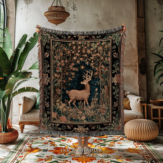 Forest Spirit Mystic Deer Blanket Woven | Cottagecore Room Decor William Morris Inspired Forest Aesthetic Fairycore Tapestry Ethereal Deer