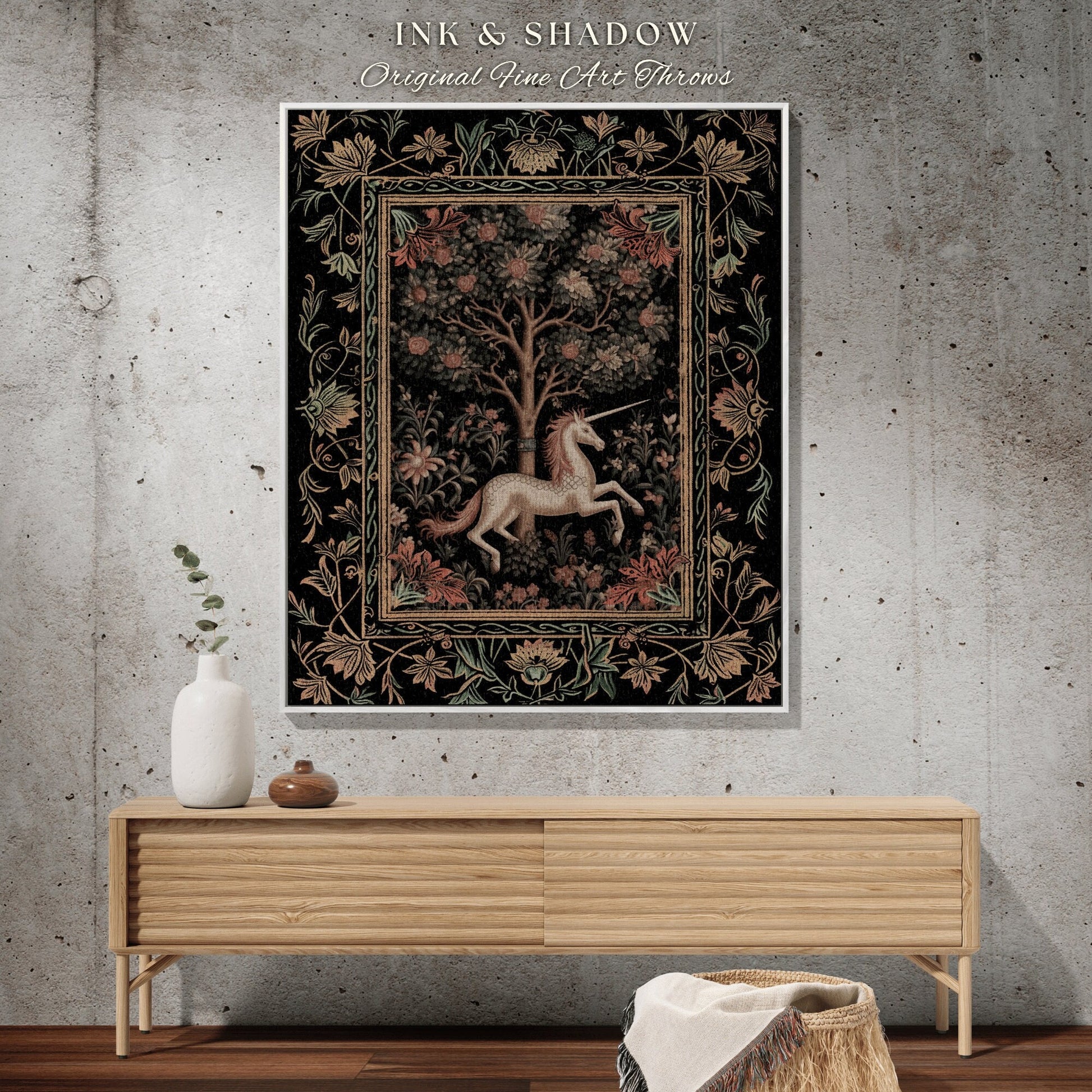 Medieval Unicorn Wall Tapestry | Whimsical Room Decor William Morris Inspired Cottagecore Aesthetic Fairycore Woven Blanket Magical Unicorn